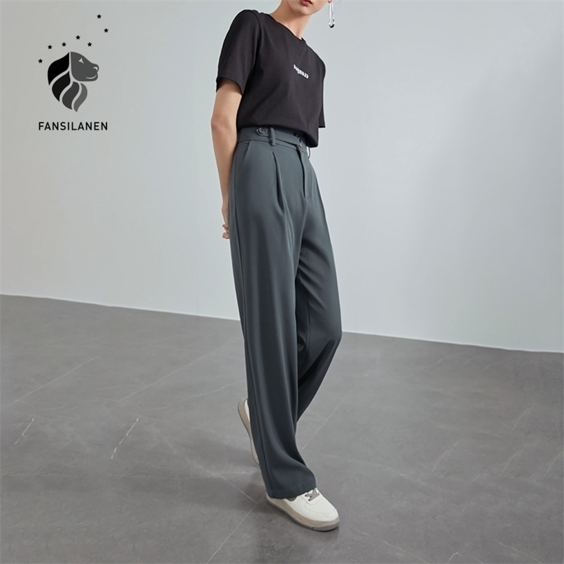 FANSILANEN Office Lady Mopping Pants Women Summer Straight Loose Casual Suit High Waist Drape Wide Leg Trousers 211115