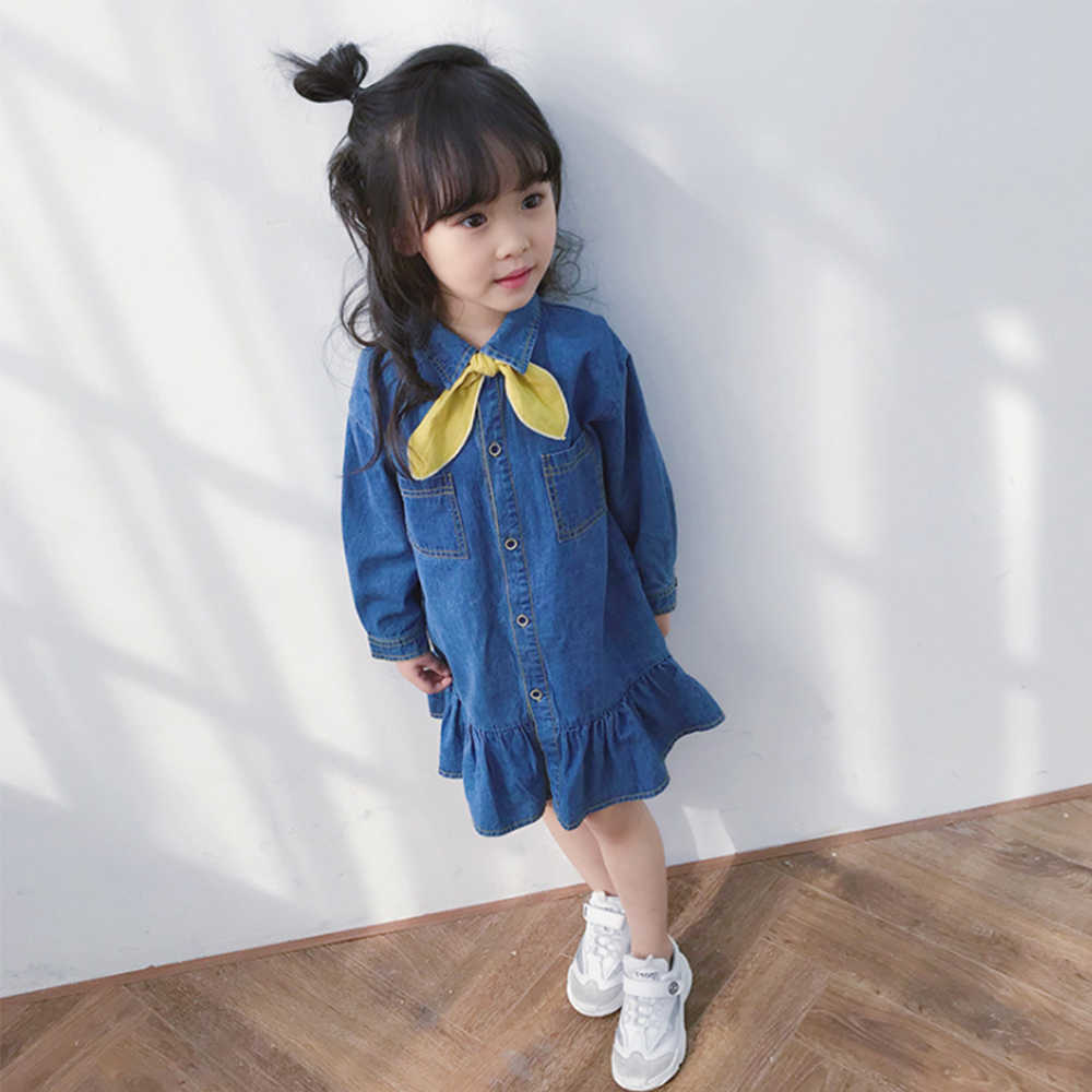 Mudkingdom Girls Denim Dress Toddler Kids Baby Long Sleeve with Yellow Tie Children Clothes 210615