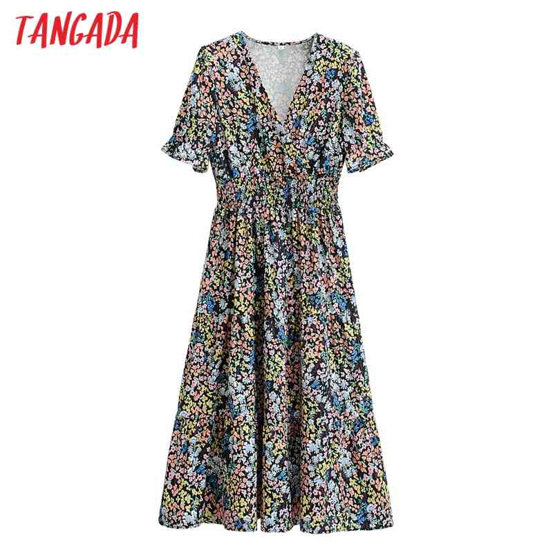 Women Green Flowers Print Chiffon V Neck Short Sleeve Ladies Vintage Dress Vestidos 1F175 210416
