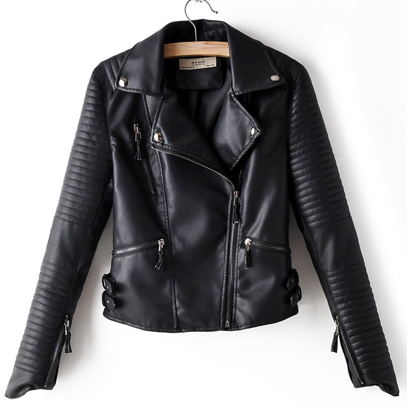 Red Zipper Lapel Long Sleeve PU Locomotive Windproof Female Jacket Winter Black Korean Slim Harajuku Street Women's Jacket 210507