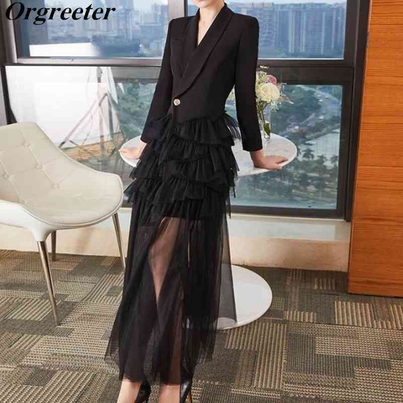 Catwalk Fashion Spring Autumn Mesh Stitching Turn-down Collar White Dress Long Sleeve Ruffled Pleated Mid Black 210525
Catwalk Fashion Spring Autumn Mesh Stitching Turn-down Collar White Dress Long Sleeve Ruffled Pleated Mid Black 210525