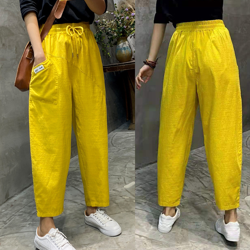 Womens Harem Trousers Spring Summer Cotton Linen loose Pants Solid Elastic waist Soft thin Female ladys trousers 210524