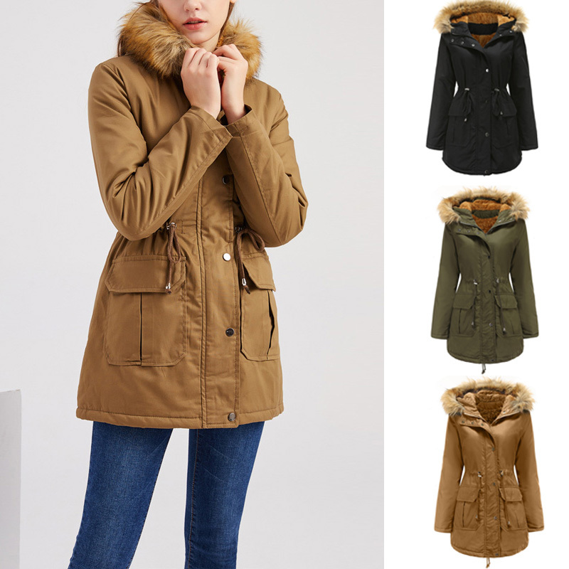 Ladies Cotton Liner Parker Parka Fashion Fur Hat Winter Jacket Women Medium Long Causal Solid Hooded Parka Coat 210515