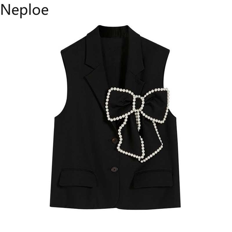 Neploe Women Vest Beading Bow Black Waistcoat Single Breasted Tank Jackets Korean Fashion Sleeveless Loose Streetwear Tops Femme 210910