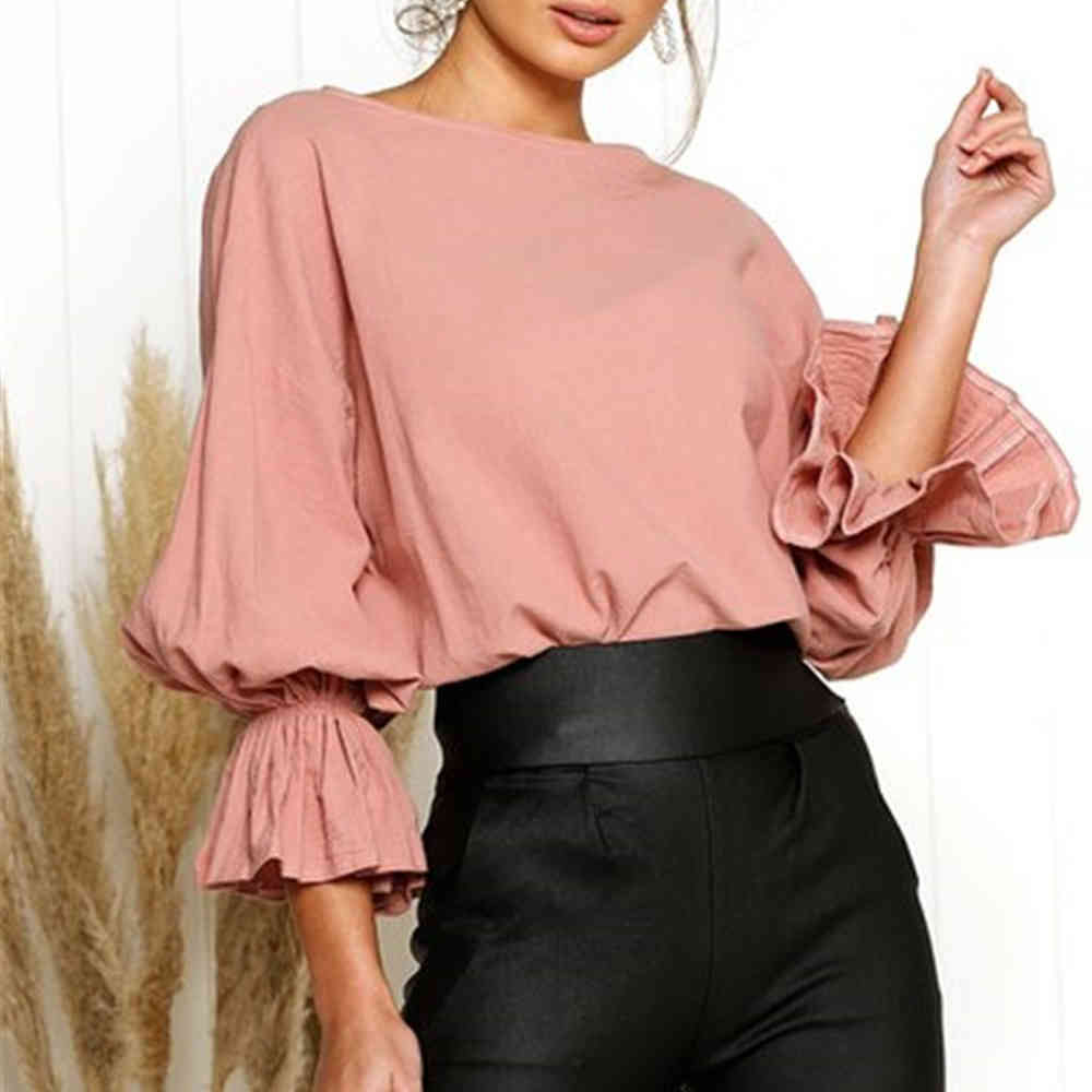 Pleated Lantern Sleeve O Neck Solid Women Shirts Fashion Flare Sleeves Hollow Out Casual Lady Blouses Women's Feminine Top 210428