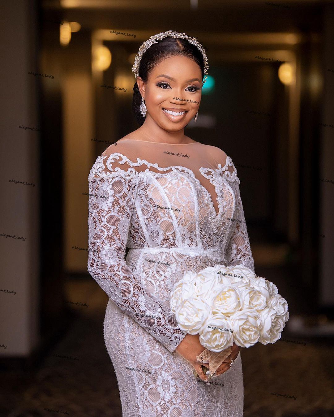Aso Ebi arabic Wedding Dresses with Long Sleeve 2021 Full Lace Plus Size Champagne Lining African Mermaid Bridal Gowns Robes