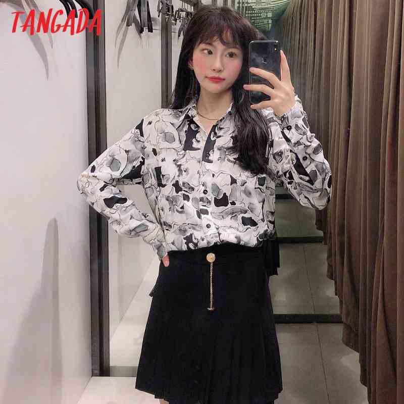 Women Vintage Print Chiffon Long Sleeve Chic Female Casual Loose Shirt BE445 210416