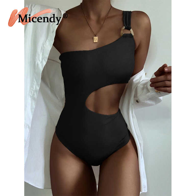 Micendy One Shoulder Swimsuit Women Sexy Hollow Out Swimwear Summer Black Bathing Suits Beach Swim High Waist Piece Monokini 210611