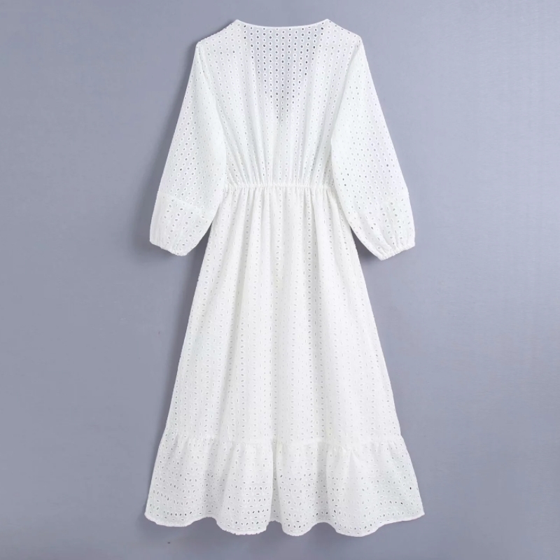 Spring Women Hollow Embroidery V Neck Midi Dress Female Three Quarter Sleeve Clothes Casual Lady Loose Vestido D7501 210430