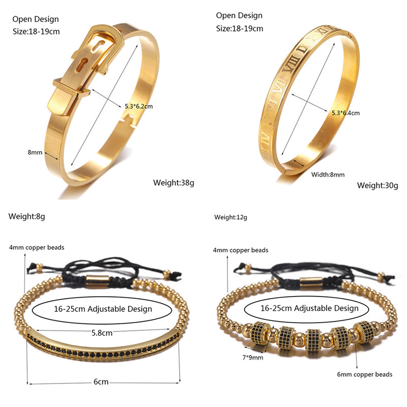 Classic Design Mens Hip Hop Copper Charm CZ Ball Beads Bracelets Roman Numerals Bangle Bracelets Male Jewelry 4PCS/Set