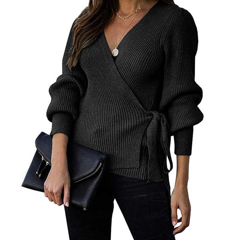 Korean Style Autumn Winter Woman Sweaters Ladies V-neck Lantern Sleeve Slim Fit Sweater Cross Waistband Loose Black Sueter Mujer 210604