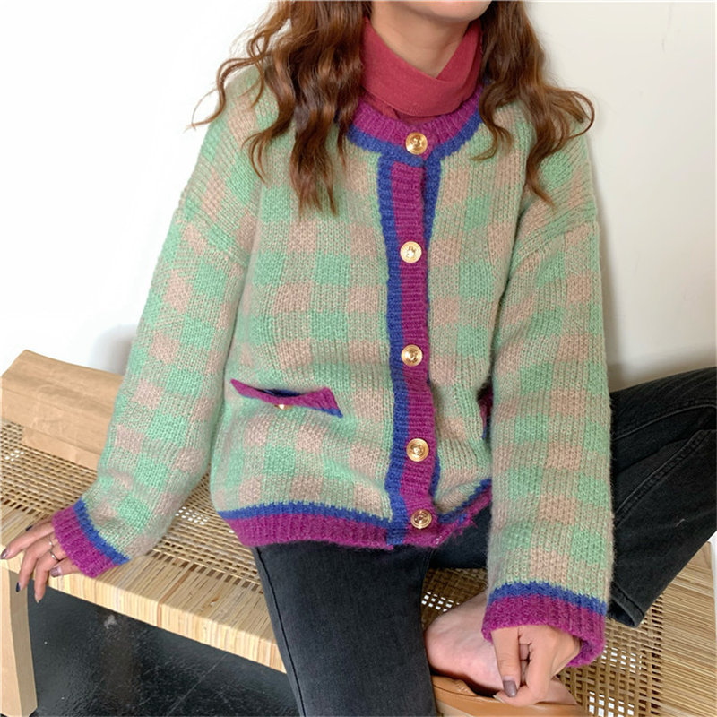 Color-Hit Vintage Girls Retro Autumn Chic All-Match Regular High Street Loose Cardigans Casual Knitted Sweaters 210421