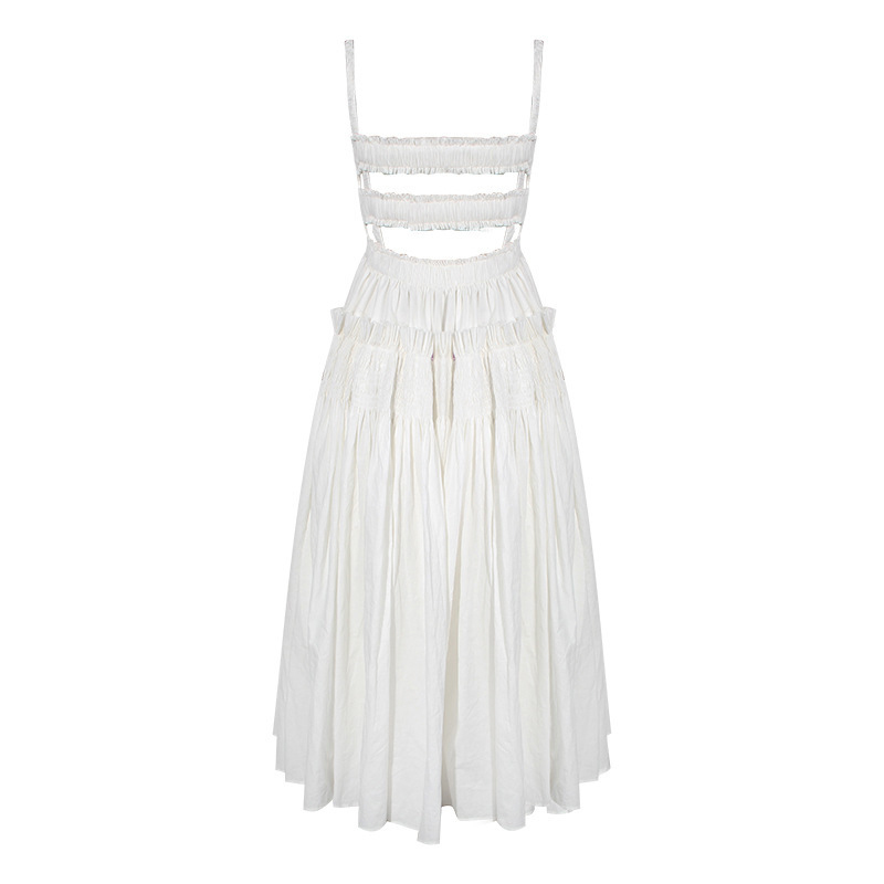 [EAM] Spring Summer Fashion New Solid Color Casual Women White Sling Backless Pleated Shrink Waist Slim Vintage Dress LA670 210409