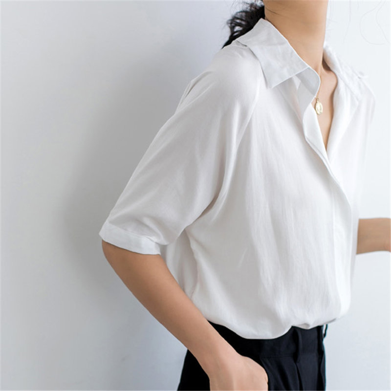Office Lady Short Sleeves Formal Shirt Streetwear Women's OL Minimalist Vintage Chiffon Solid Large Size Shirts 210421