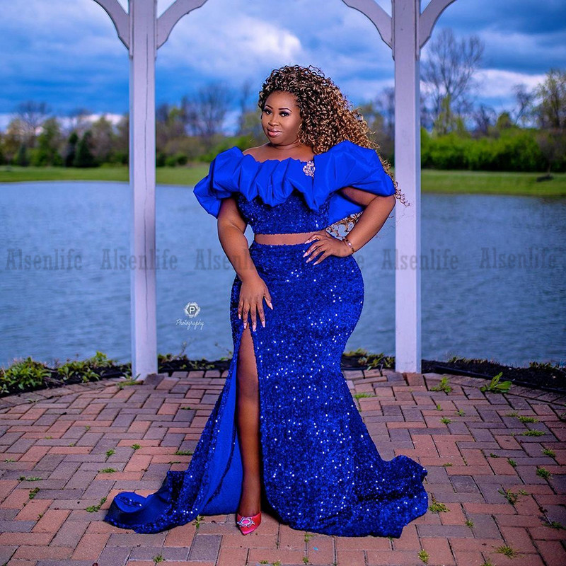 Royal Blue Prom Dress Mermaid Two Pieces Sparkly Sequins Split African Girl Evening Gowns Off the Shoulder Party Wear