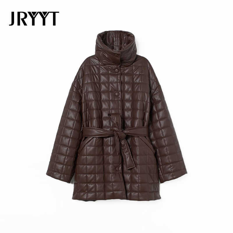 JRYYT PU Leather Oversized Belted Coats Women Winter Button Cotton Padded Parkas Mujer Office Lady Pocket Jackets Femme 210819