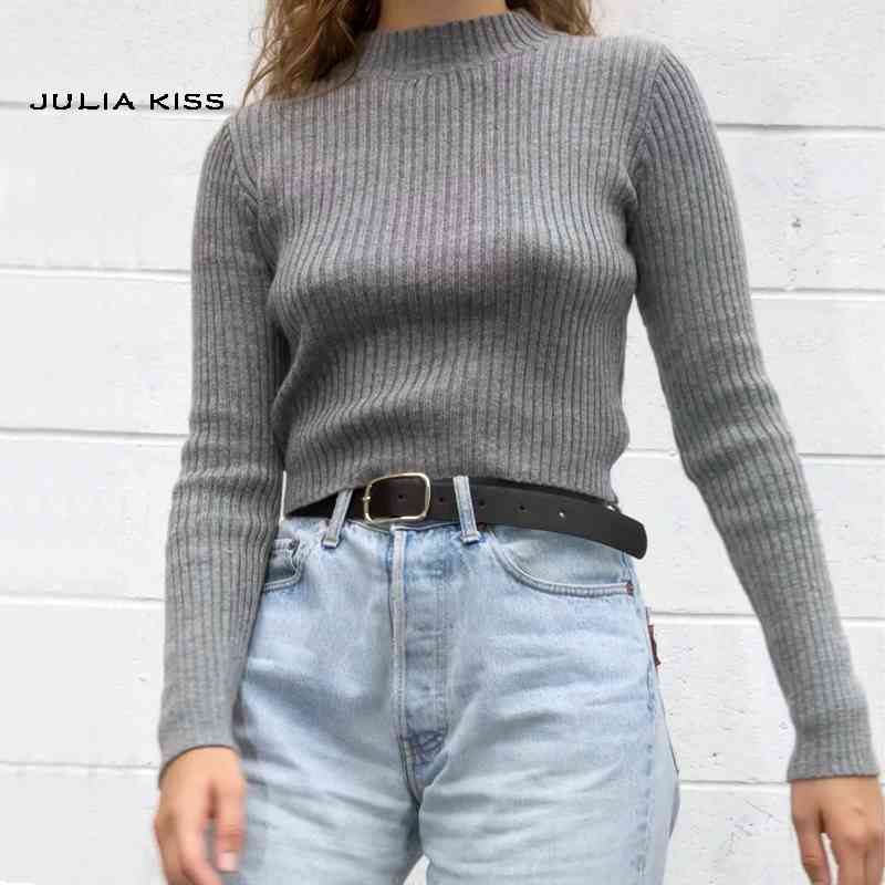 Women Mock Neck Ribbed Crop Sweater Long Sleeve Knit Top 210512