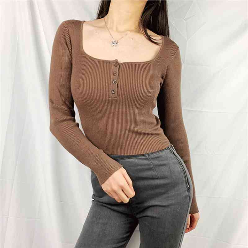 Women Square Neck Buttons Front Knit Jumper Casual Pullovers Sweater 210512