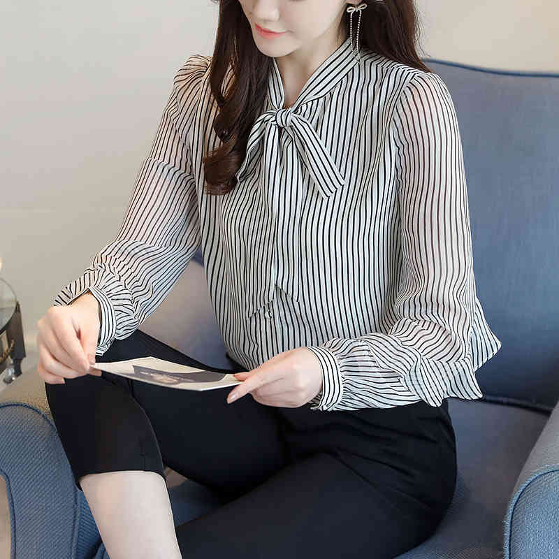 Vintage Blouse Women Female Loose Spring Long Sleeve striped Ruffled Bow Korean Chiffon Fashion Blouses Shirt 660A 210420