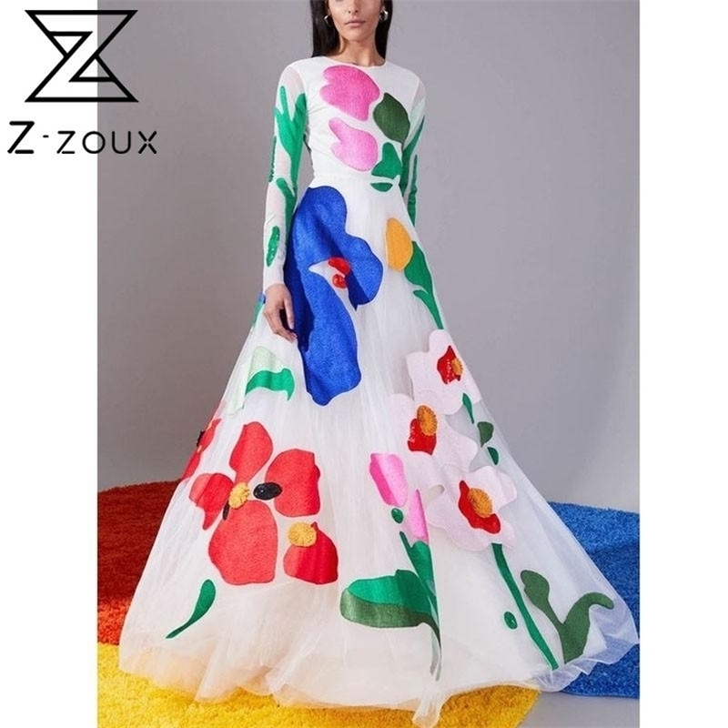Women Dress Chiffon Printed Maxi es Temperament Fairy Ladies es Long Sleeve High Waisted Vintage 210513