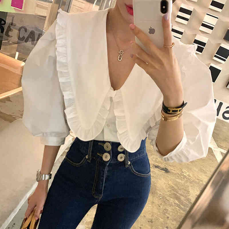 Puff Short Sleeve Female Clothing Sweet Peter Pan Collar Ruffled White Shirt Korean Women Loose Blouses and Tops Blusas 14253 210518