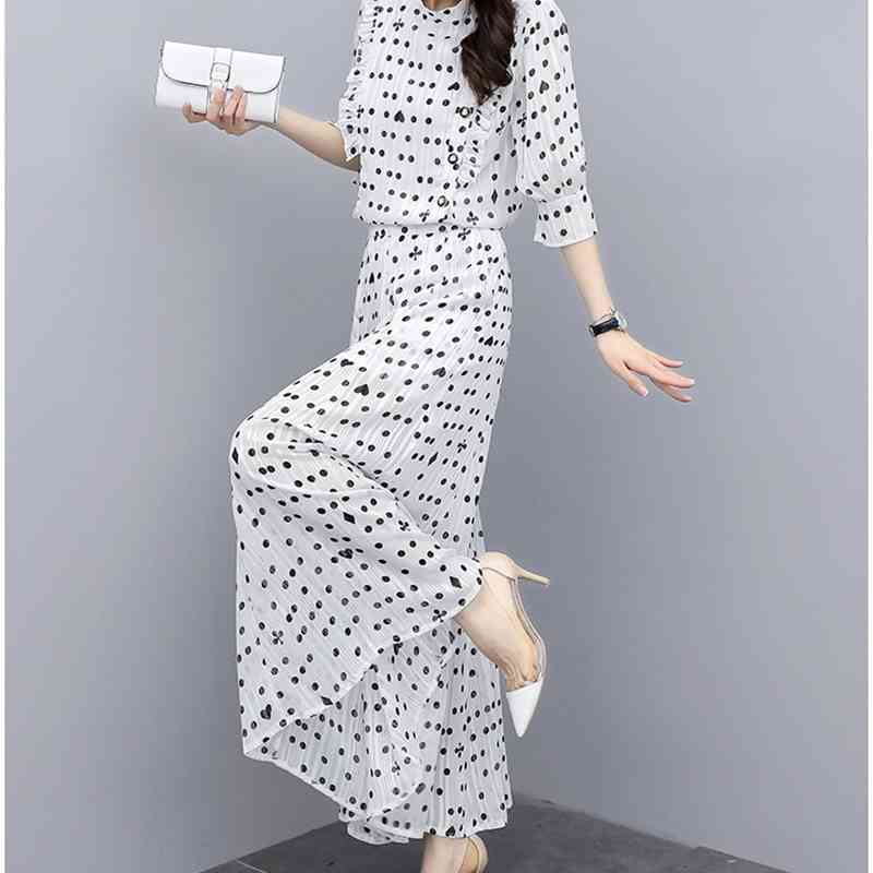 Fashion Women Temperament Dot Summer 2 Piece Set Chiffon Stand Collar Ruffles Shirt + Ladies High Waist Wide-Leg Pants Suit 210520