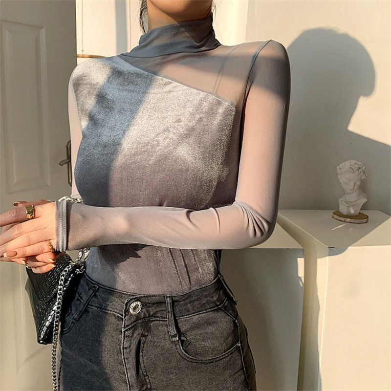Autumn Velvet Large Size Women Arrival Patchwork Full Sleeves Mesh Sexy Female Basic Brief Tops T-shirt 210421