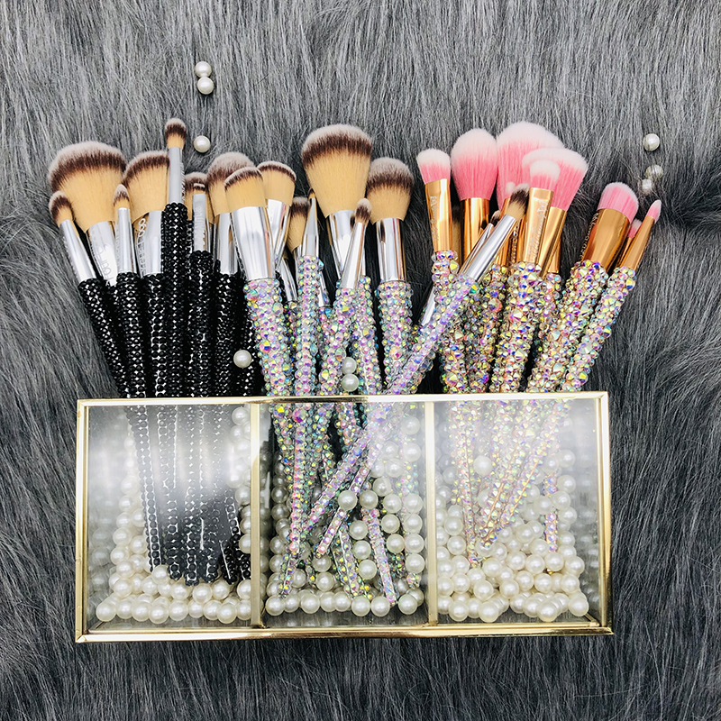 Bling 12Pcs Rhinestone Hair Diamond Glitter With Shiny Handle Makeup Brush Set For Women