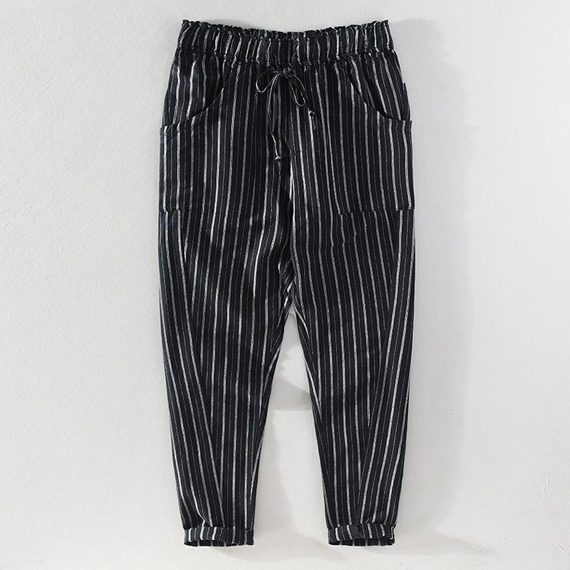 Spring Striped Casual Linen Trousers Men Elastic Waist Cotton Stripe Black Pants For Brand Pantalones Four Season Men's