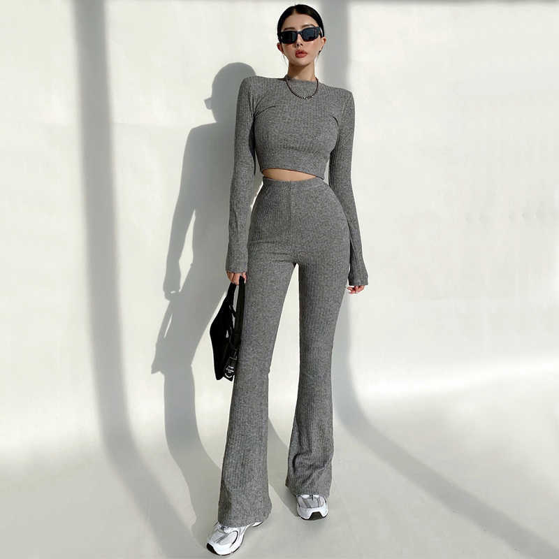 Women High Neck Ribbed Crop Top And Stretch Waist Flare Rrousers Co-ord Korean Sweater Tops + Pants Set QW54 210603