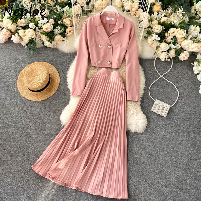 Neploe Temperament Knit 2 Pcs Women Set Turn Down Collar Long Sleeve Short Cardigans + High Waist Hip A Line Pleat Skirt Suit 210422