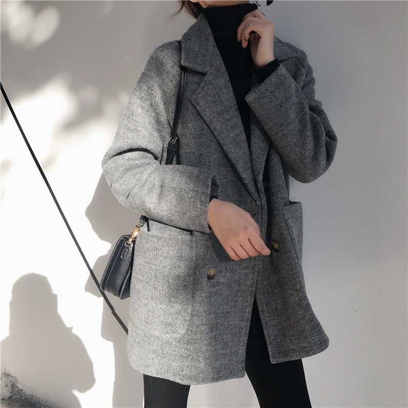 Office Lady Blazers Notched Collar Thick Vintage Women Blazer Single Breasted Winter Autumn OL Jacket Faux Woolen Coat 210421