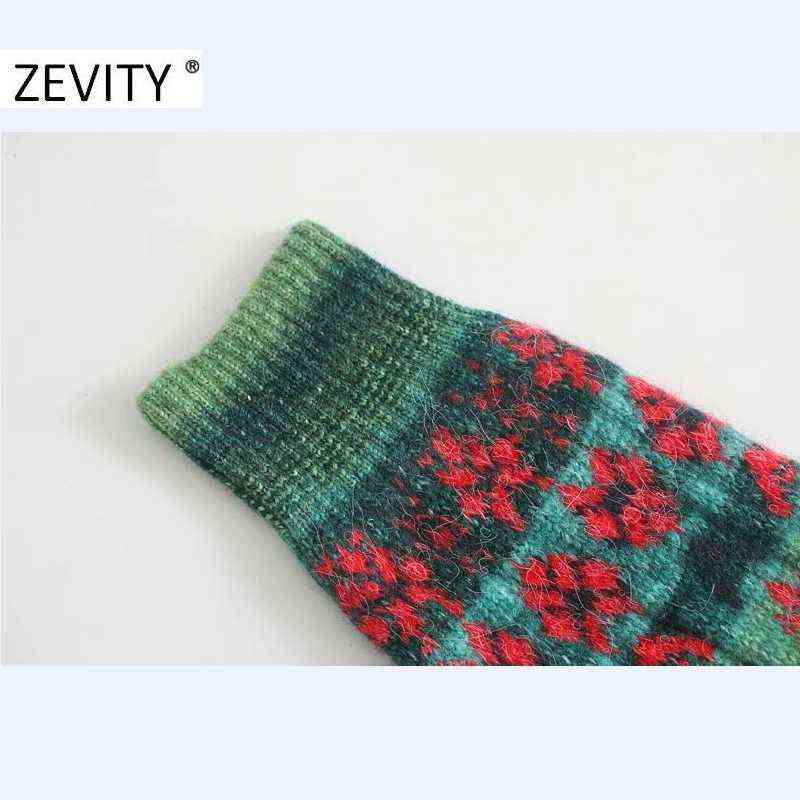 Zevity Women Vintage Square Collar Contrast Color Flower Print Knitting Sweater Female Long Sleeve Chic Cardigans Coat Tops S540 211109