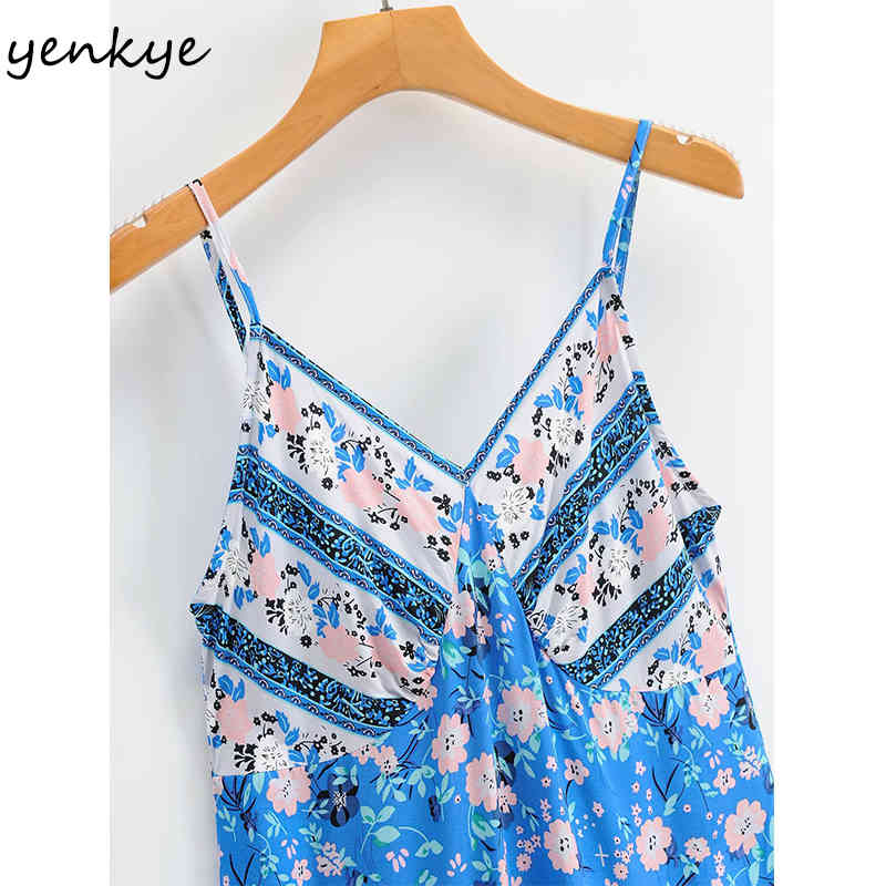 YENKYE Blue Floral Print Holiday Beach Dress Women Sexy V Neck Sleeveless Vestido Mujer High Waist A-line Casual Summer Dress 210515