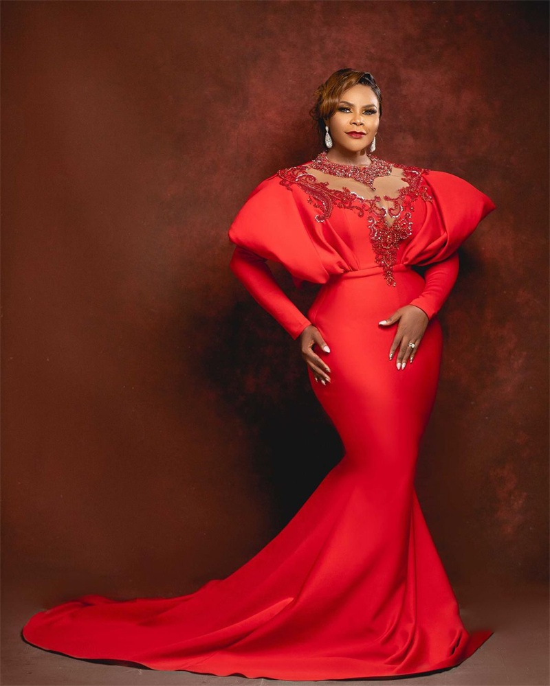 Plus Size Chic Evening Dresses Long Sleeves Beads Appliqued Red Mermaid Prom Dress Custom Made Formal Party Pageant Gowns