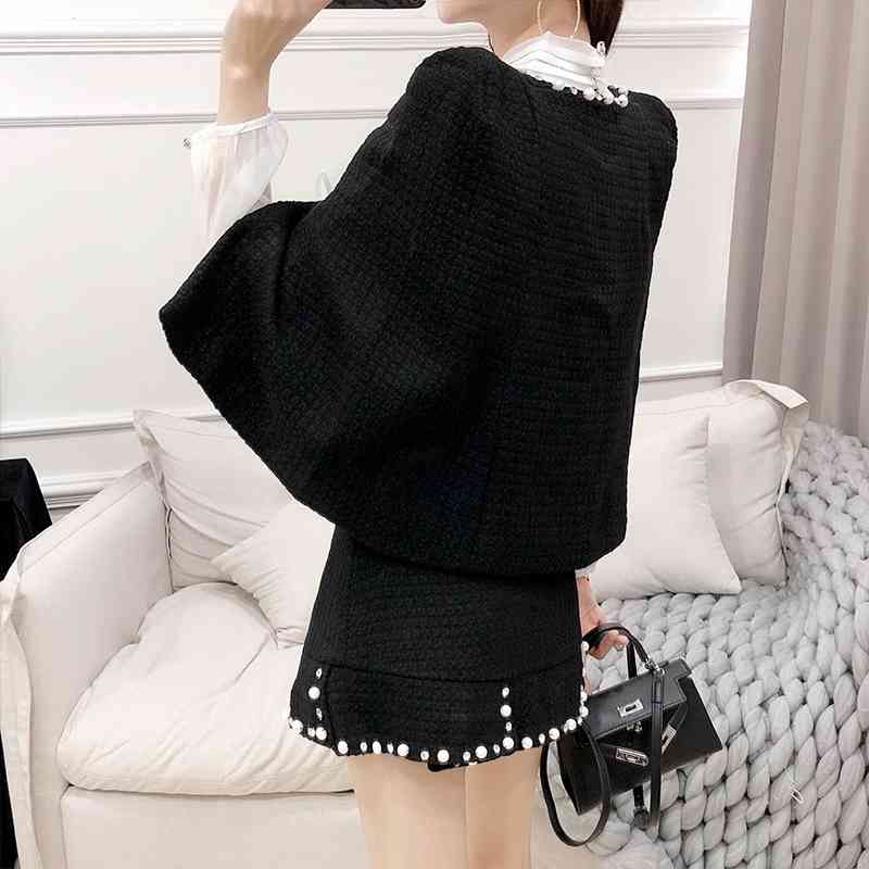Runway Tweed Women 3 Piece Set Fall Winter Beading Wollen Cloak Short Coat + Mesh White Bow Shirt Mini Mermaid Skirt 210519