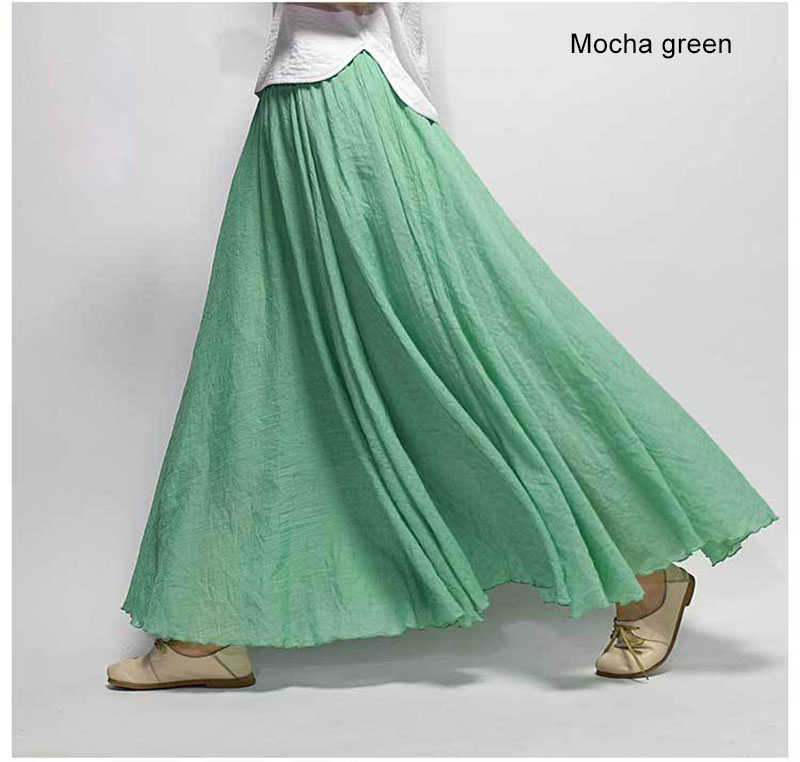 Women's Elegant High Waist Linen Maxi Skirt Summer Ladies Casual Elastic 2 Layers Skirts saia feminina 20 Colors SK53 210619