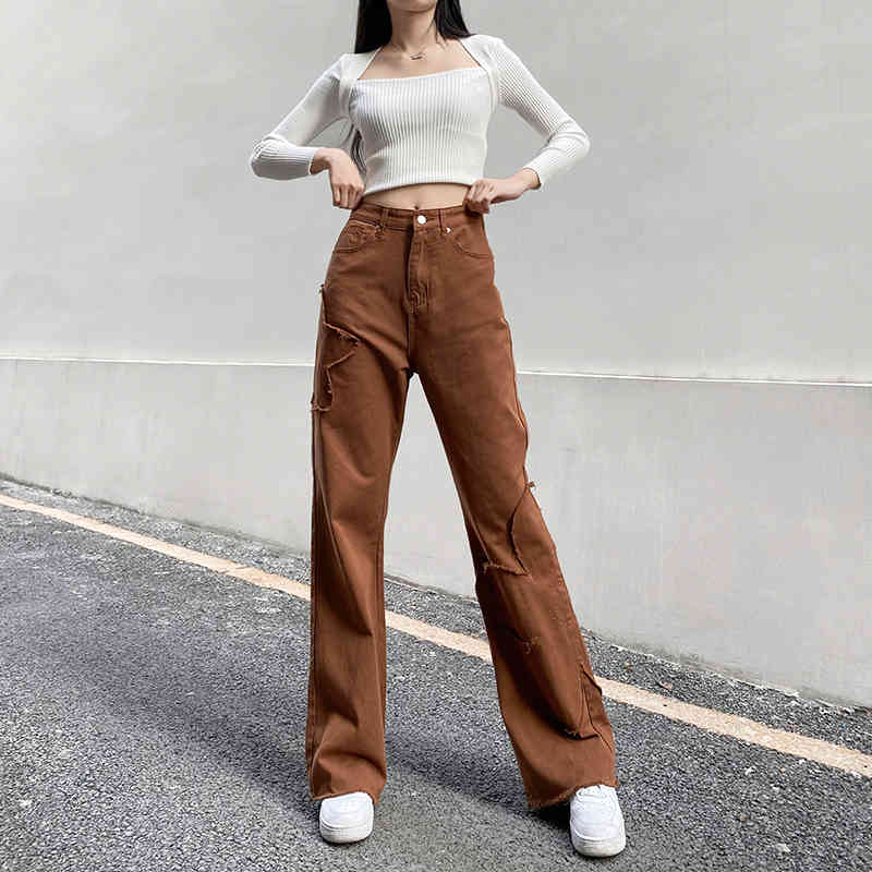 Woman jeans flare high Waist Jeans coffee Denim Streetwear Vintage Quality Fashion Harajuku Straight Pants 210524