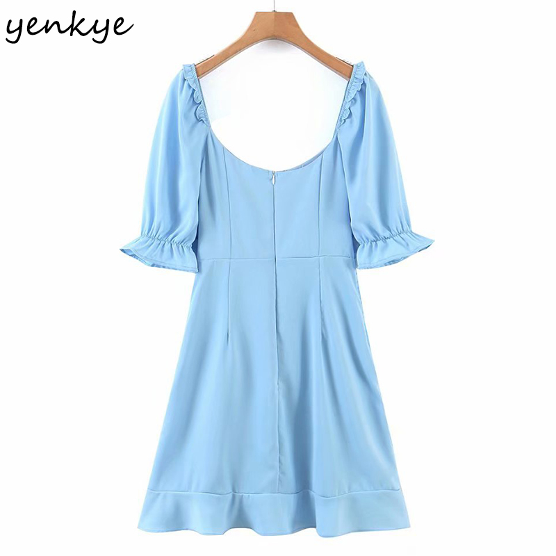 YENKYE Vintage Solid Color Drawstring Draped Dress Women Sexy Square Neck Short Sleeve Bodycon Mini Dress Summer Vestido 210515