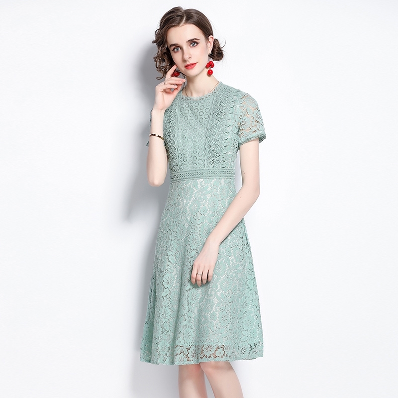 Summer Dress Women Vintage Elegant Lace Hollow Out Fashion Green Ladies Dresses Vestidos 210520