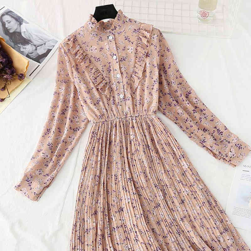 Women Chiffon Pleated Dress Spring Summer Female Vintage Long Sleeve Floral Print Dresses Casual Office Lady Midi Dress 210521