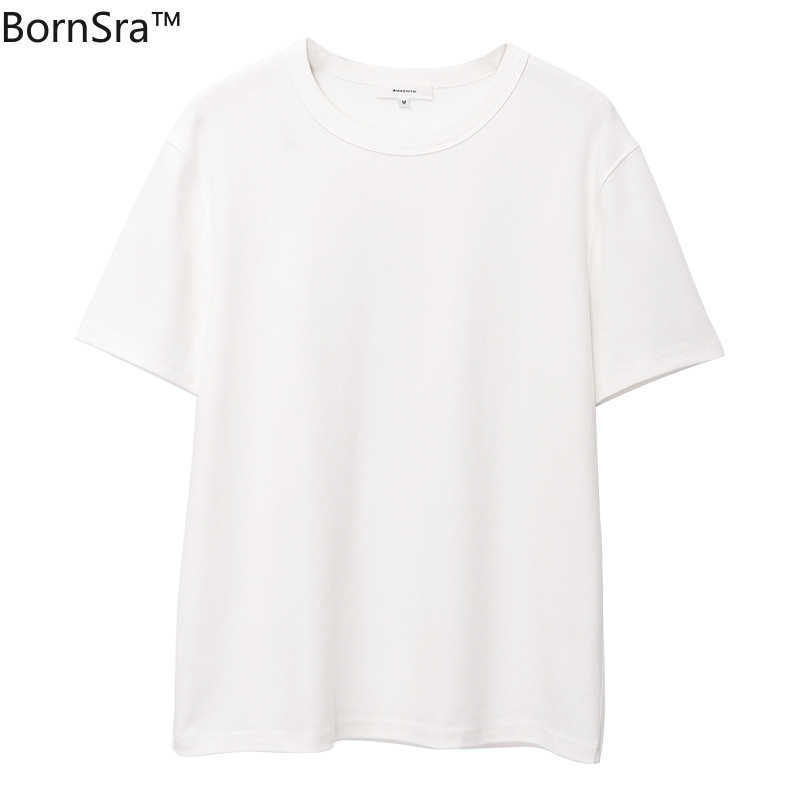 Bornsra Shirt Women's Summer Loose and Versatile Basic Cotton Bottoming Men and Women Couple Tops 210622