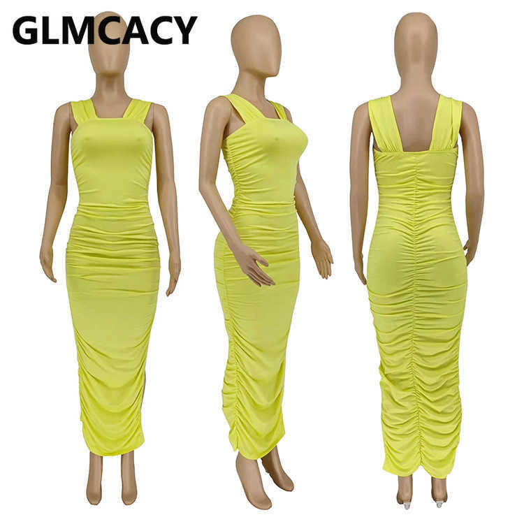 Women Spaghetti Strap Square Neck Slit Bodycon Maxi Dress 210702