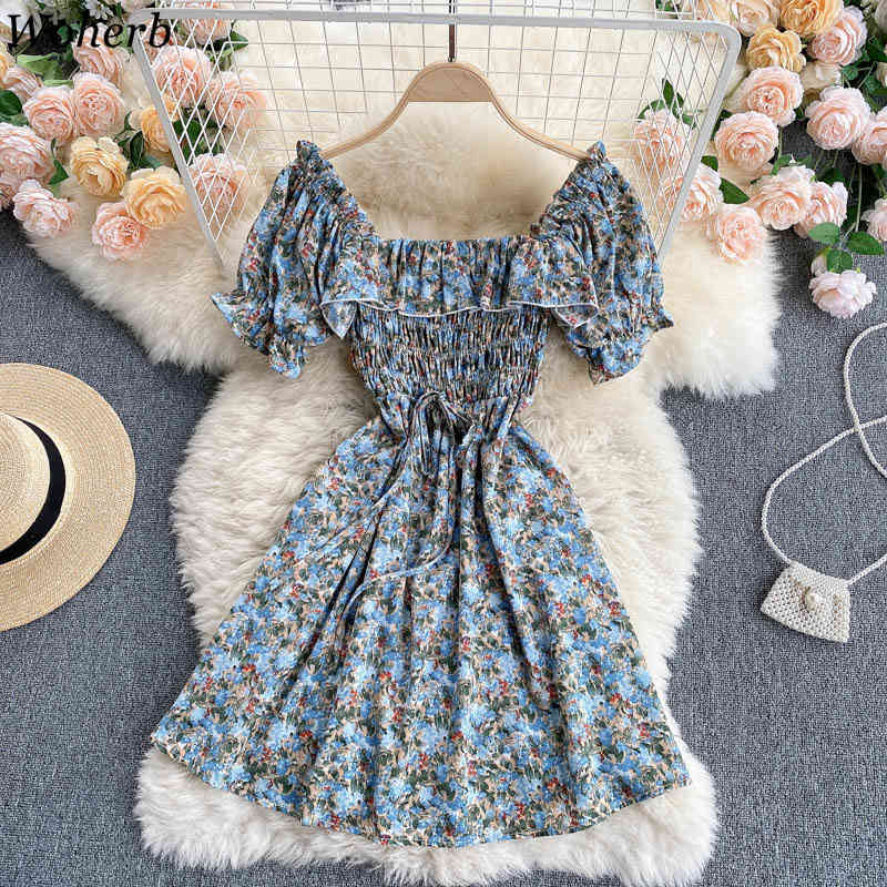 Summer Dress Flower Print Square Collar Elegant Dresses Vintage Puff Sleeve Ruffle Mini Korean Robe Vestidos 210519