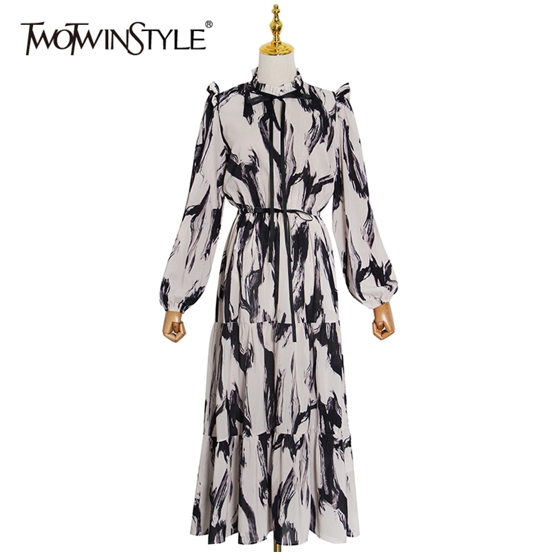 TWOTWINSTYLE Elegant Hit Color Dress For Women O Neck Lantern Sleeve High Waist Vintage Dresses Female Fashion New Clothing 210409