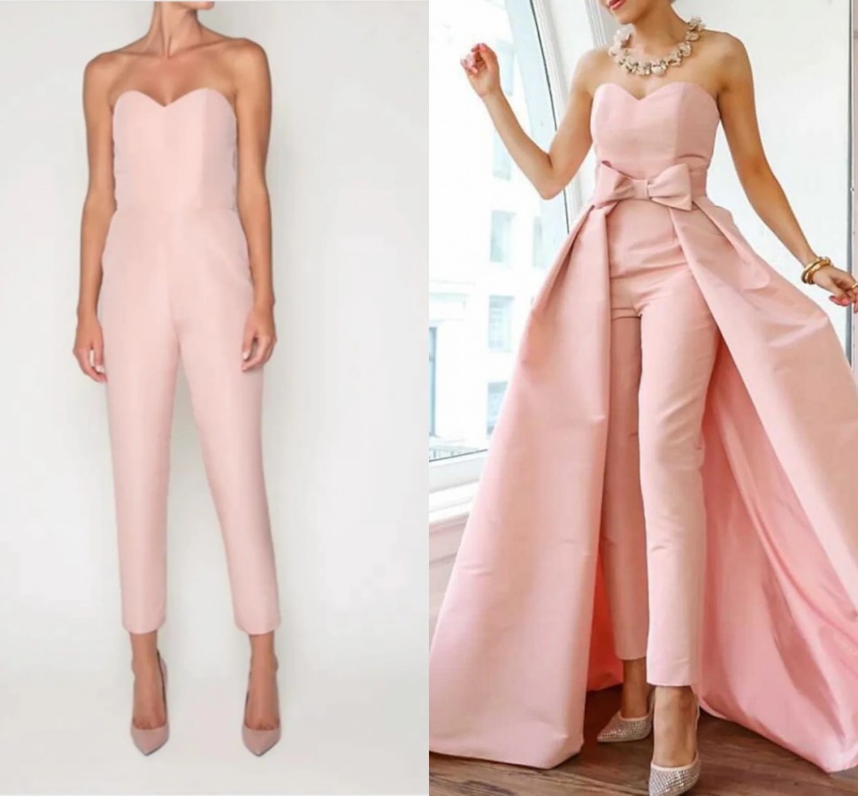 Pink Jumpsuits Beautiful Back Sexy Engagement Formal Evening Dress Sweetheart Sleeveless Detachable Bow Train Prom Formal Gown Robes De Soirée Vestido
