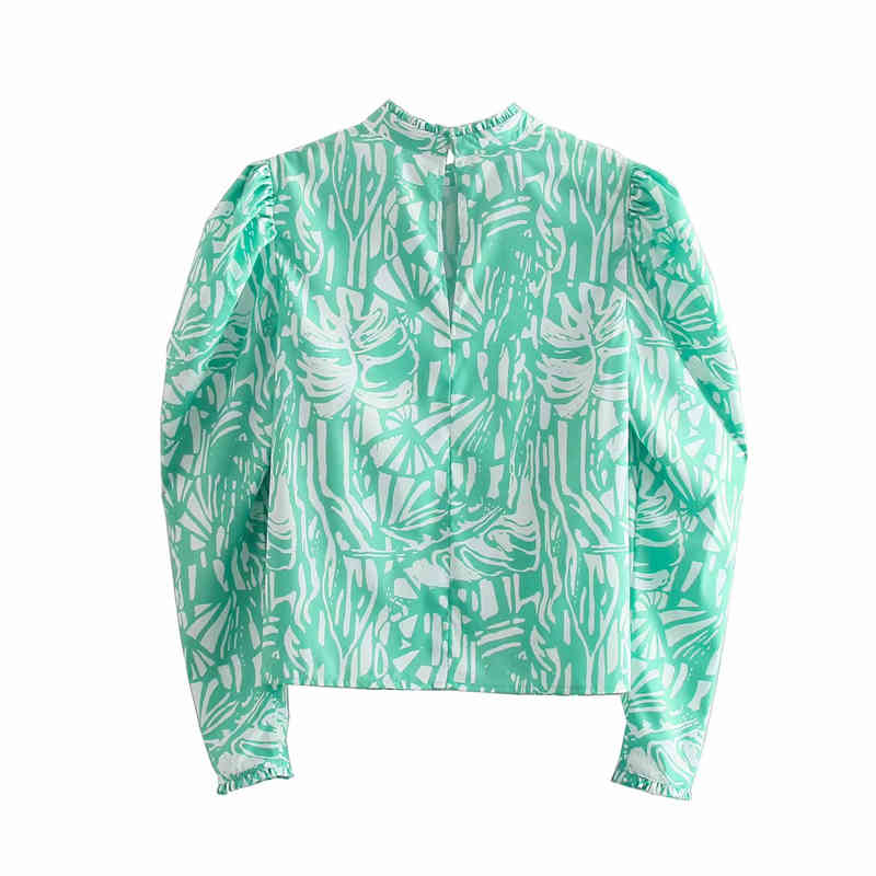 Streetwear Women Print Shirts Fashion Ladies Turquoise Stand Collar tops Elegant Female Chic Puff Sleeve Blouses 210430