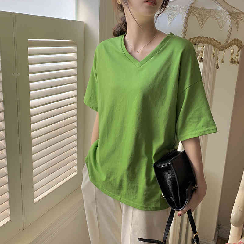 Summer Short Sleeves All Match Loose Casual Brief Female Streetwear Cotton Minimalist Tops V-Neck Women T-Shirts 210421