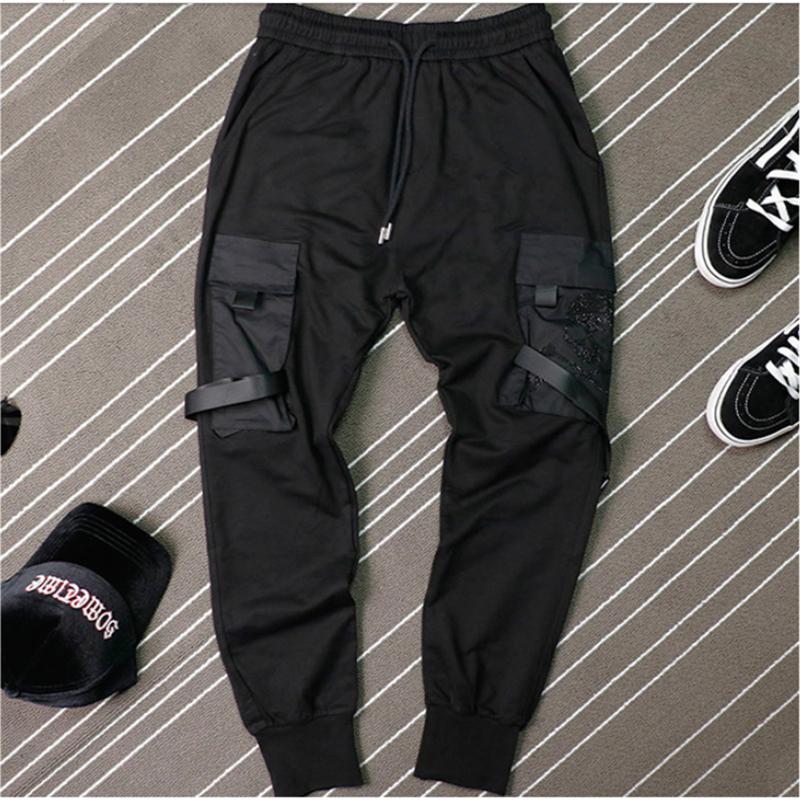 Spring/summer Men's Black Drilling Skulls Overalls Ribbon Leisure Waist Pocket Bundle Foot Support Elastic Slim Pants
