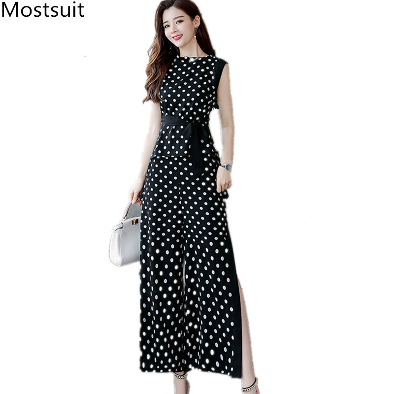 Summer Dot Printed Office 2 Piece Pants Suits Sets Women Sleeveless Chiffon Tops + Wide Leg Elegant Fashion Set 210518, Black
Summer Dot Printed Office 2 Piece Pants Suits Sets Women Sleeveless Chiffon Tops + Wide Leg Elegant Fashion Set 210518, Black